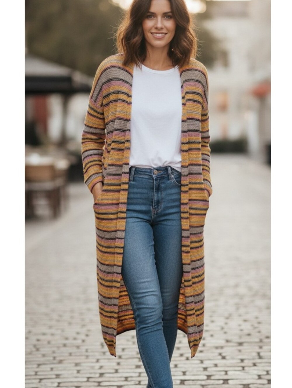 Midi/Maxi Open-Front Mustard Yellow Striped Cardigan Sweater - S